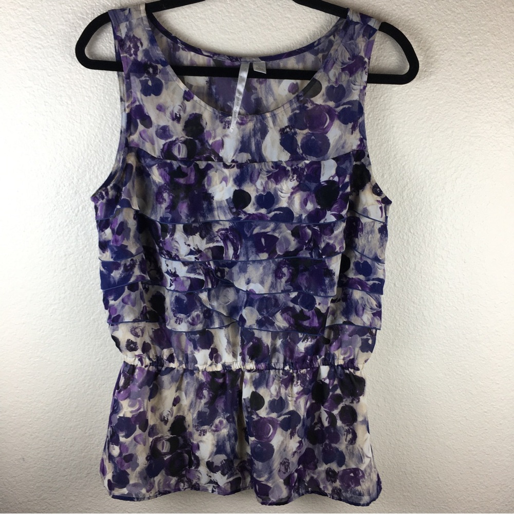 LC Lauren Conrad  Women's Sleeveless Tiered Ruffle Lined Purple Cream Blouse L